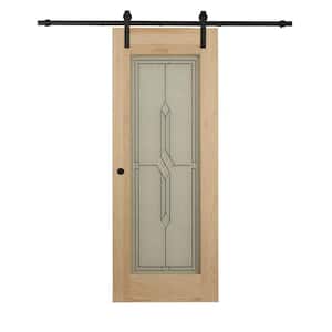 34 in. x 84 in. Timber Hill Diamond Frost Glass and Unfinished Pine Wood Sliding Barn Door Slab with Hardware Kit
