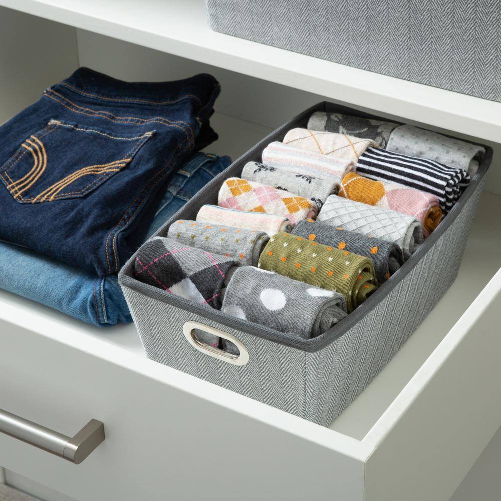 Small Gray Herringbone Fabric Storage Box with Grommet Handles