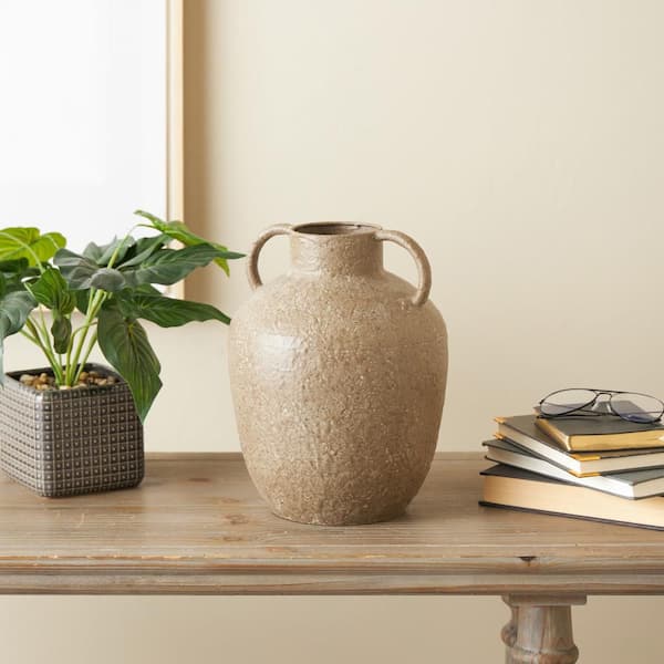 Litton Lane 12 in. Brown Antique Inspired Metal Amphora Decorative Vase with Handles