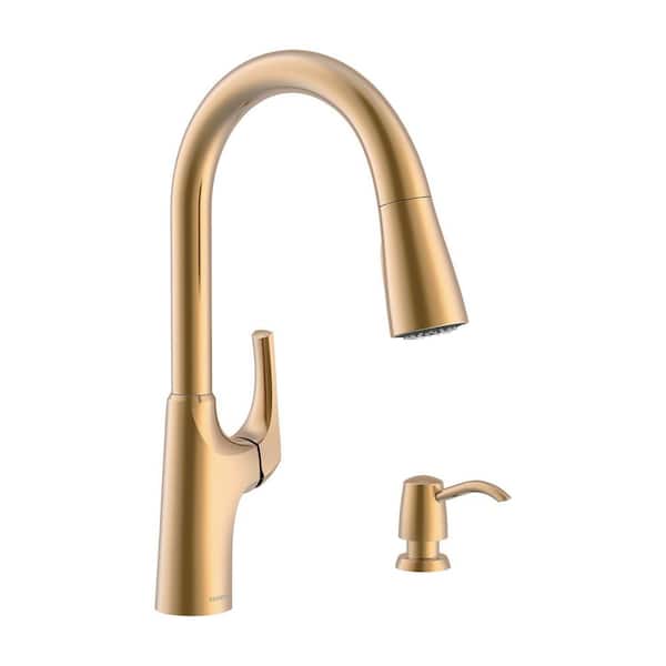 Pilsen Single Handle Pull Down Sprayer Kitchen Faucet with Deck Plate with Soap Dispenser in SpotArmor Brushed Gold