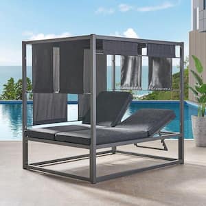 Gray Metal Outdoor Day Bed with Curtain & Curtain Support Boom Plus Top Connect Gray Cushion