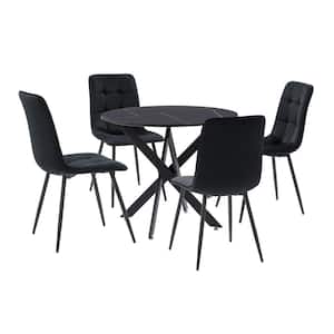 Lennox 5-Piece Round Engineered Wood Top Table with Black Velvet Chair Dining Set
