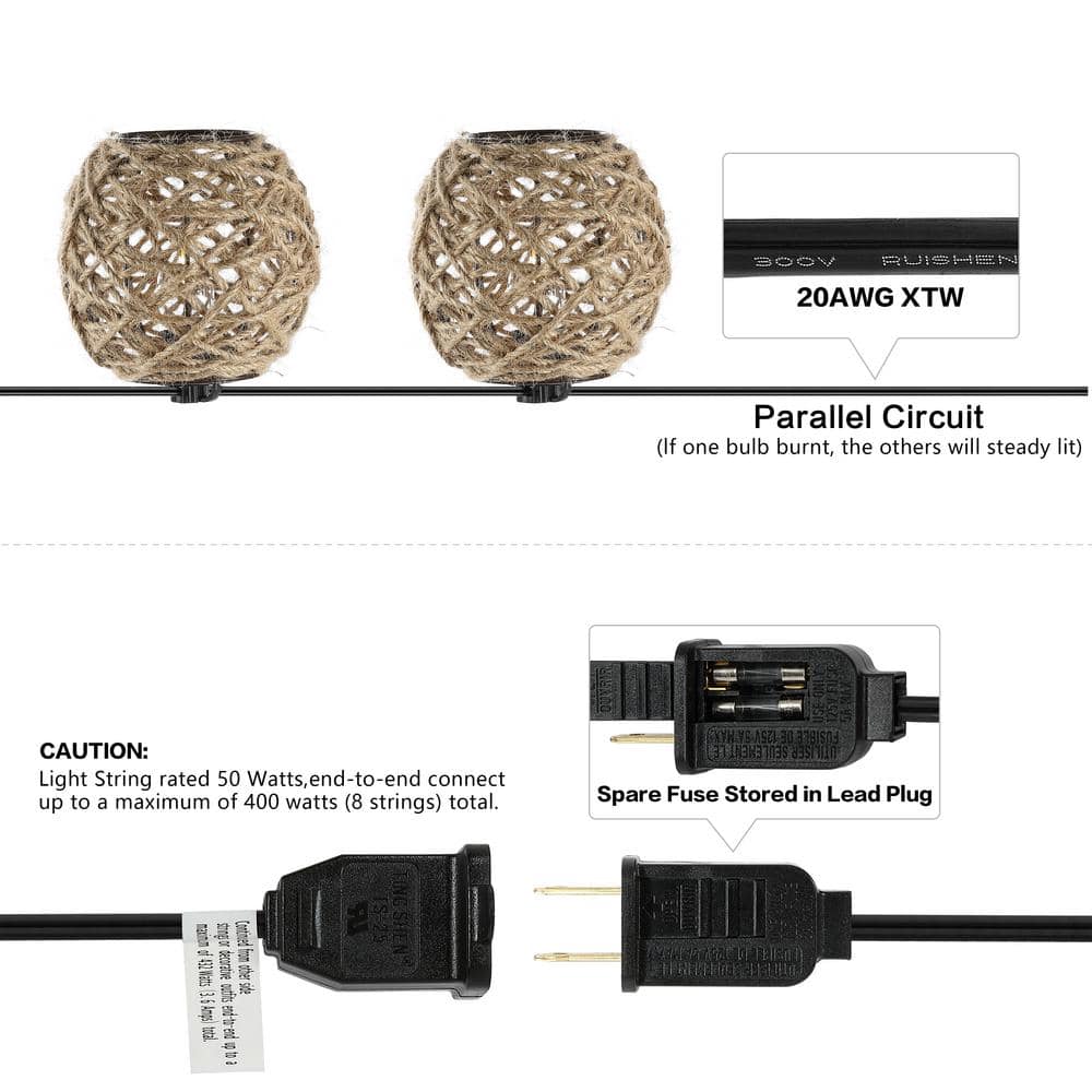 Oahu 10-Light Light Brown Hemp Rope LED Outdoor String Lights
