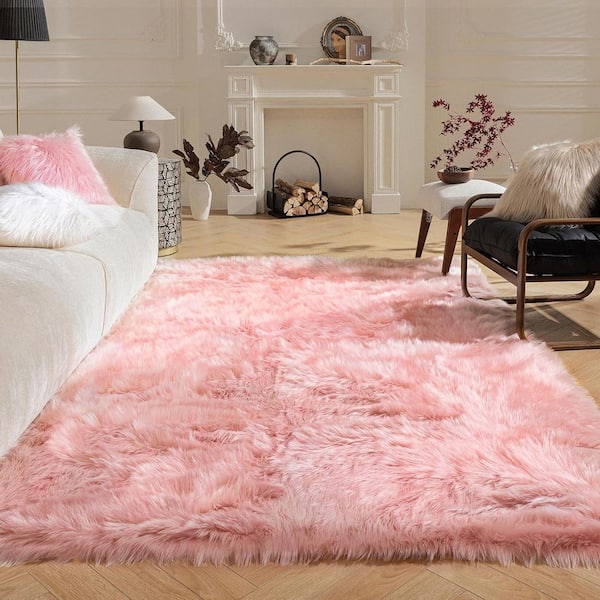 Pink 4 ft. x 6 ft. Fluffy Fuzzy Furry Cozy Faux Sheepskin Fur Rug Area Rug