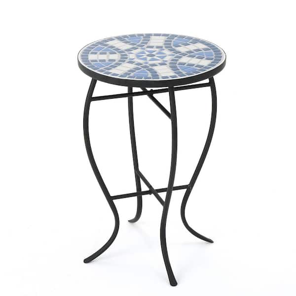 Round Metal and Stone Outdoor Patio Side Table