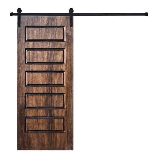 AIOPOP HOME 5-Panel Riverside Designed 80 in. W. x 42 in. Wood Panel Dark Walnut Painted Sliding Barn Door with Hardware Kit