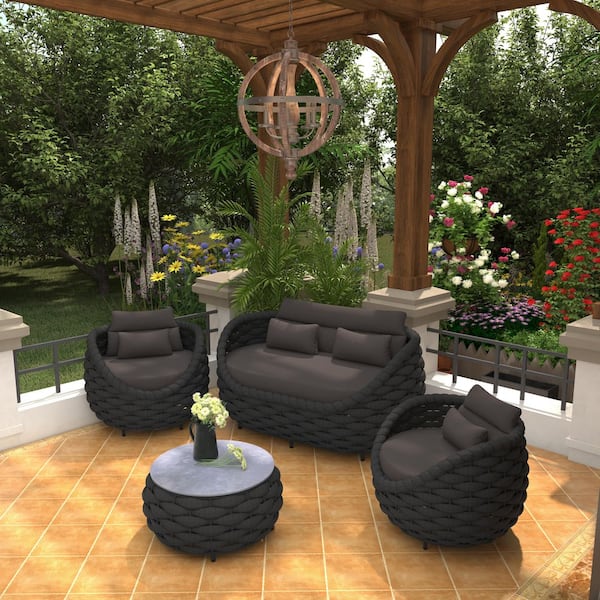 Bird's Nest 4-Piece Black Aluminum Hand-Woven Outdoor Patio Waterproof Sectional Seating Set with Dark Grey Cushions