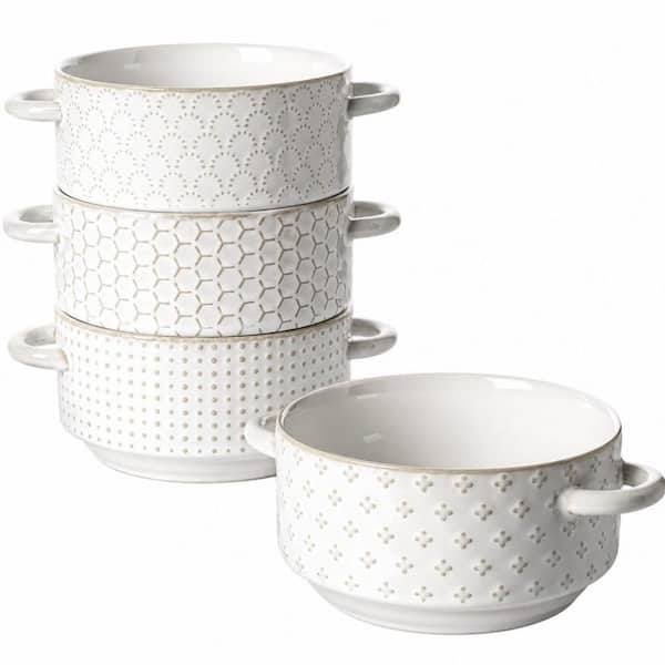 Handle‑Equipped Stackable Design, 20 fl. oz. White Stoneware Soup Bowl, (Set of 4), Ideal for Hearty Summer Stews