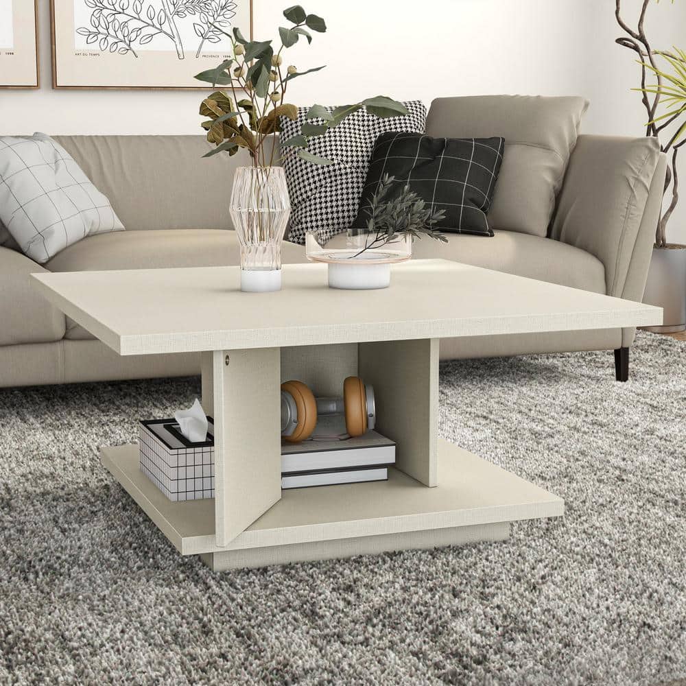 Cream Weave Square Wood Coffee Table with Hidden Storage
