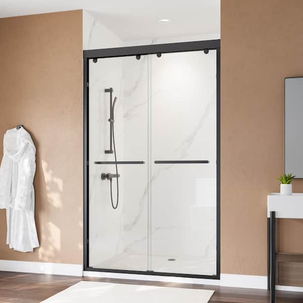 48 in. W x 75 in. H Matte Black Frameless Aluminum Alloy Alcove Sliding Shower Door, Installation Width 4 in. Adjusted