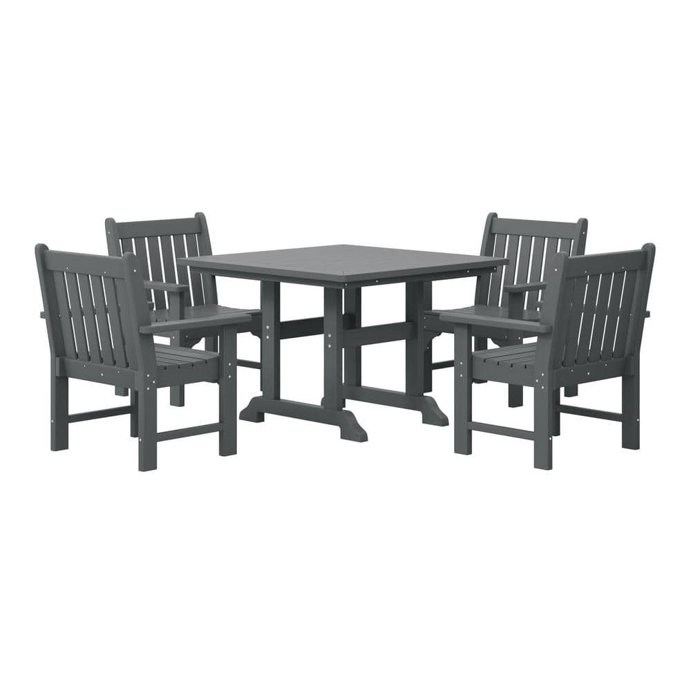 Laguna 5-Piece Outdoor Patio Poly Plastic Fade Resistant Garden Arm Chair and Square Trestle Table Dining Set in Gray price history on PriceWatchPro