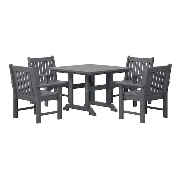 Laguna 5-Piece Outdoor Patio Poly Plastic Fade Resistant Garden Arm Chair and Square Trestle Table Dining Set in Gray