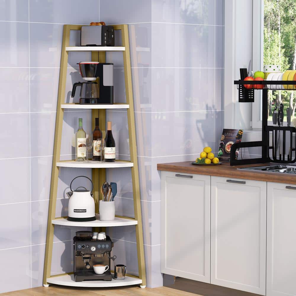 Gold and White 70" 5-Tier Corner Ladder Shelf