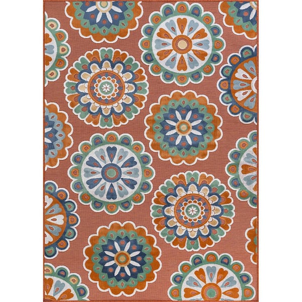 Mandala Orange 9 ft. x 12 ft. Washable Bohemian Medallion Indoor Outdoor Area Rug