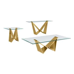 Arie 60 in. Clear Rectangle Glass Top Coffee Table Set With Gold Stainless Steel Base Set Of 3