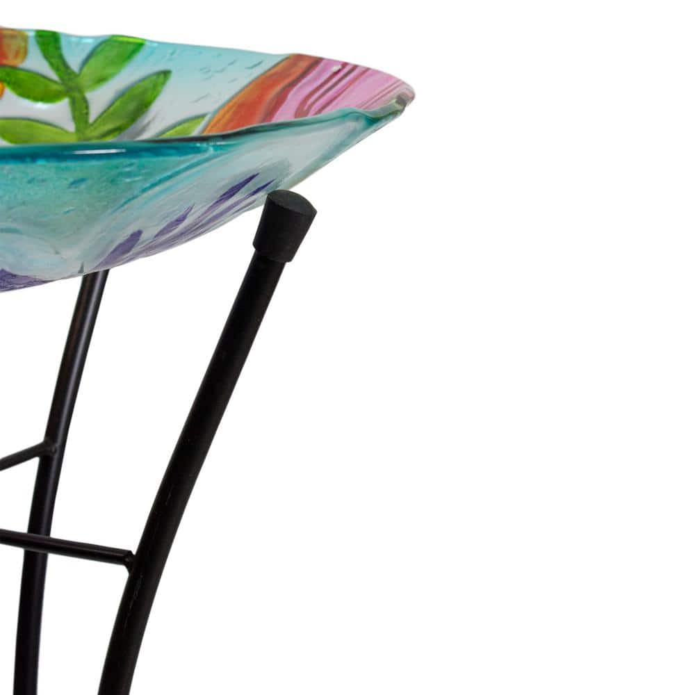 21" White and Multicolor Hand Painted Floral Glass Outdoor Birdbath with Stand