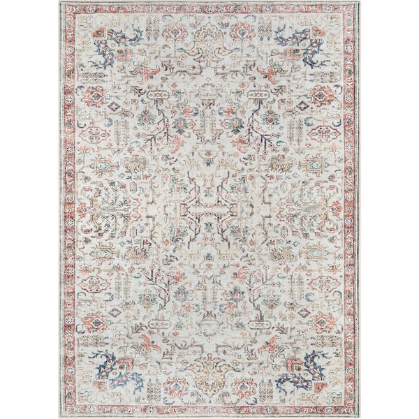 Well Woven Lotus Pomona Ivory Vintage Medallion Botanical Border 5 ft. 3 in. x 7 ft. 3 in. Machine Washable Area Rug