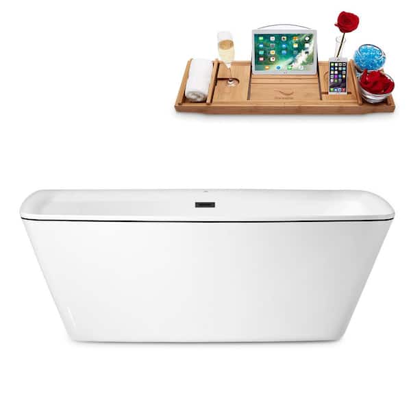 Streamline 59 in. Acrylic Flatbottom Non-Whirlpool Bathtub in Glossy White With Brushed Gun Metal Drain and Overflow Cover