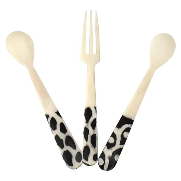 Global Crafts Handmade Natural Bone 2-Spoons and 1-Fork 3-Piece Appetizer Set