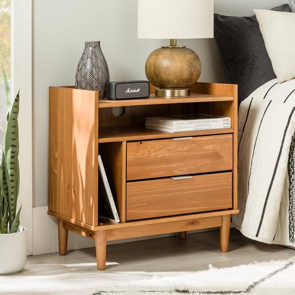 Smoked Solid Oak Bedside, Table With Drawer, Mid Century Modern