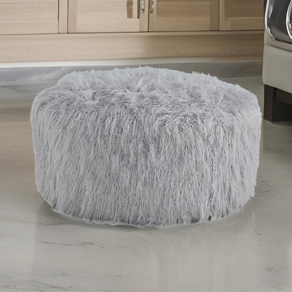 Benjara Gray and Black Faux Leather Round Accent Ottoman Large