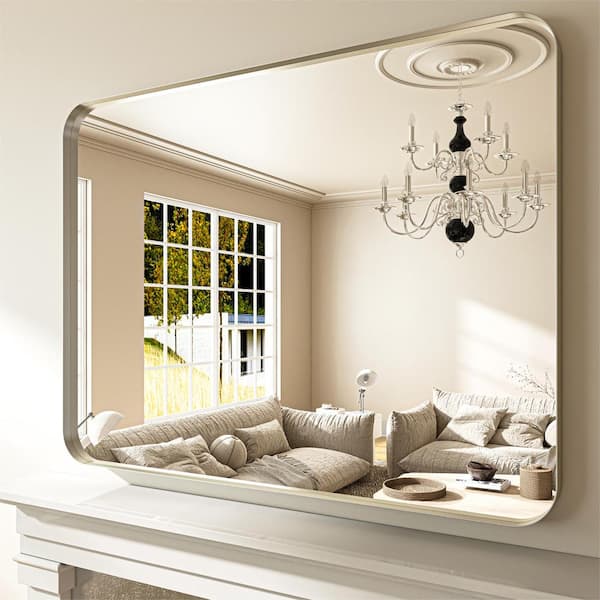 ORGANNICE 48 in. W x 36 in. H Modern Silver Aluminum Framed Rounded Wall Mount Mirror