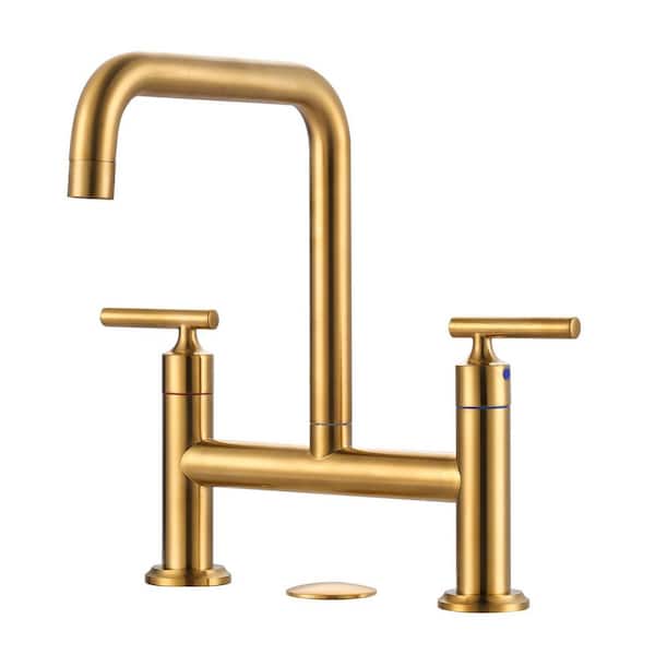 8 in. Centerset Double Handle Brass Bridge Kitchen Faucet with Sink Hole Cover in Brushed Gold