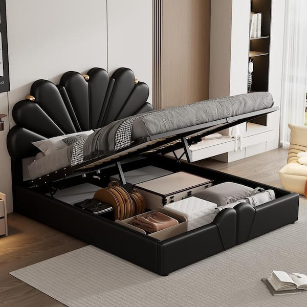 Harper & Bright Designs Black Wood Frame Queen Upholstered Petal Shaped Platform Bed with Hydraulic Storage System and Metal balls Decorations