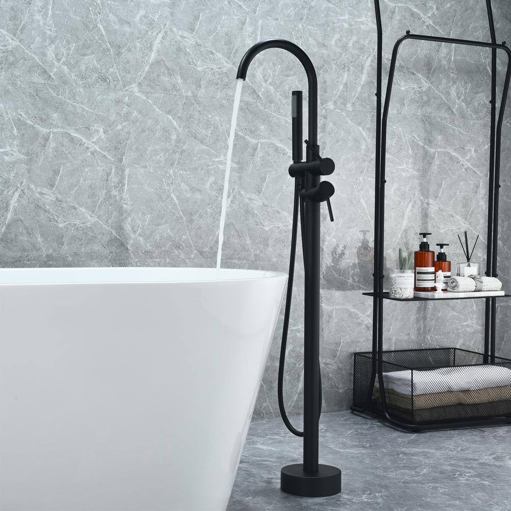 Matte Black Gooseneck Floor Mounted Tub Faucet with Handshower