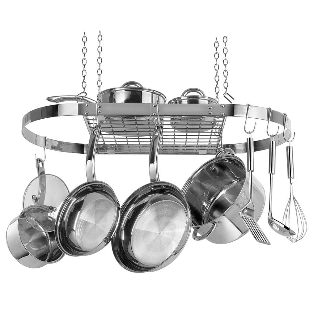 Stainless Steel Oval Ceiling Pot Rack with Hooks