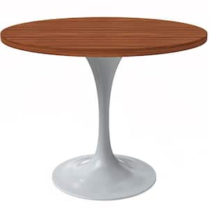 Verve Modern Dining Table with a 36 in. Round MDF Wood Tabletop and White Steel Pedestal Base, Cognac Brown