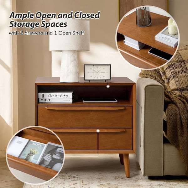 Leslie Mid-Century Modern Acorn 2-Drawer Nightstand with Built-In Outlets (Set of 2)