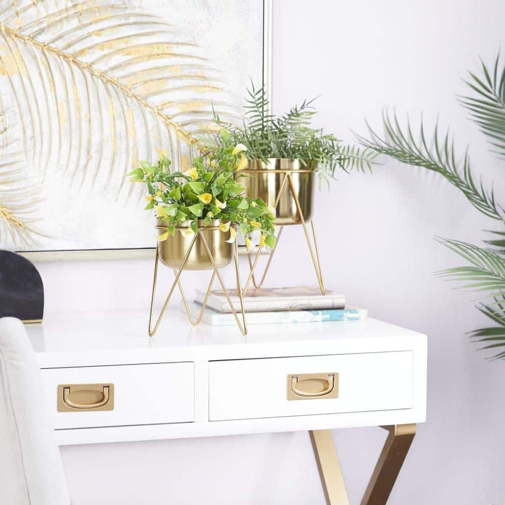 10 in., and 9 in. Medium Gold Metal Planter with Removable Stand (2- Pack)