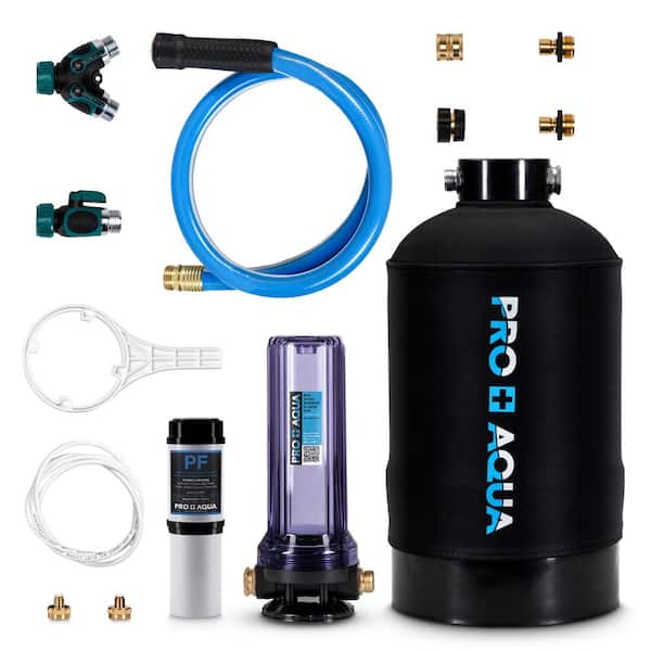 PRO+AQUA Portable RV Water Softener Filter and Soften Hard Water for RV Trailers Vans 16,000-Grains and Filtration System Bundle