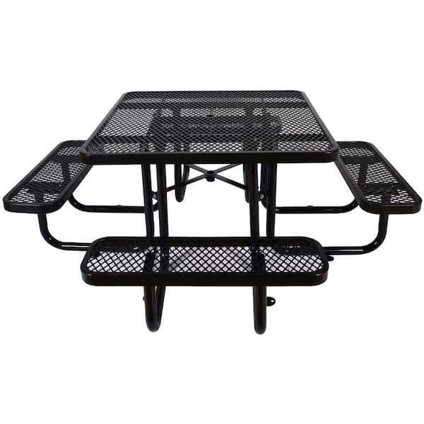 46 in. Black Square Outdoor Steel Picnic Table with umbrella pole