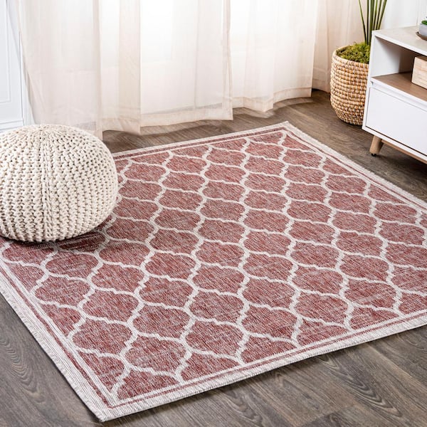 Trebol Moroccan Trellis Textured Weave Red/Beige 3 X 3 ft. Indoor/Outdoor Area Rug
