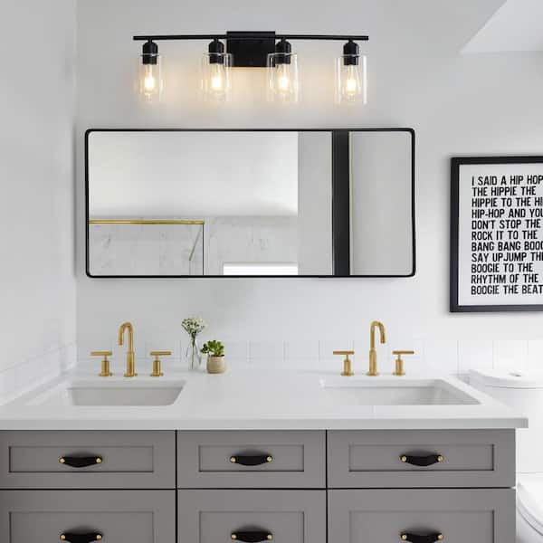 Modern 26.77 in. 4-Light Black Bathroom Vanity Light with Clear Glass Shades