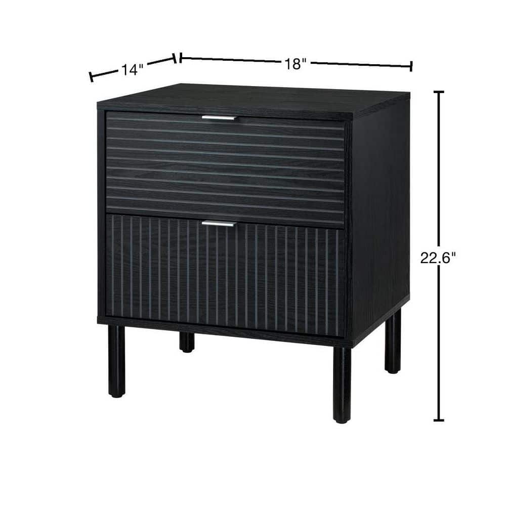 Sango Merk Sleek Black 2-Drawer Nightstand with Groove Detail