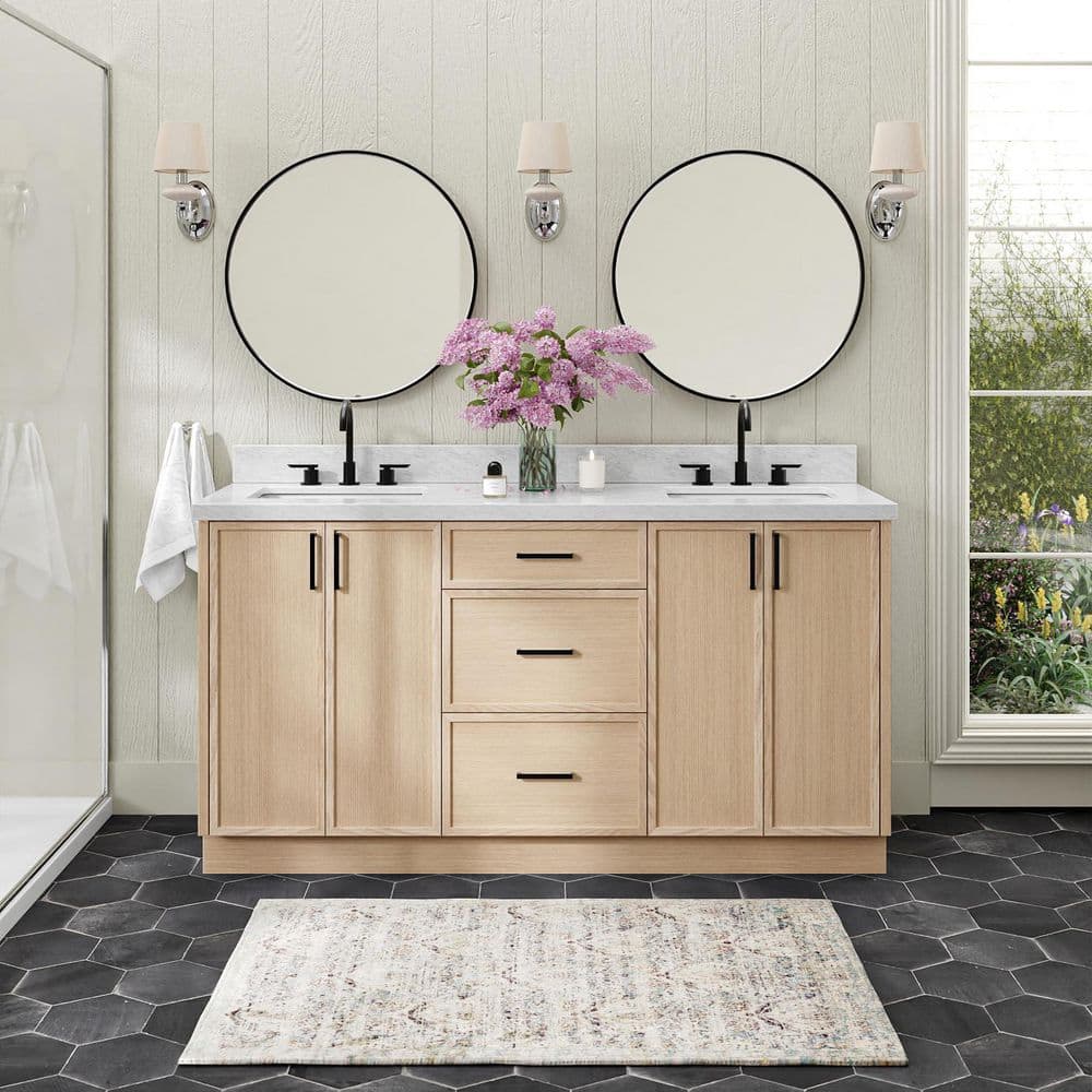 Kelly 66 in. Double Sink Freestanding Bathroom Vanity in White Oak with Carrara White Marble Top price history on PriceWatchPro