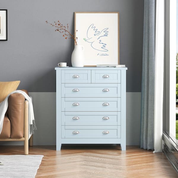 Unbranded 34 in. W x 17.7 in. D x 39 in. H Blue Wood Linen Cabinet with 6 Drawers and Shell-Shaped Handles