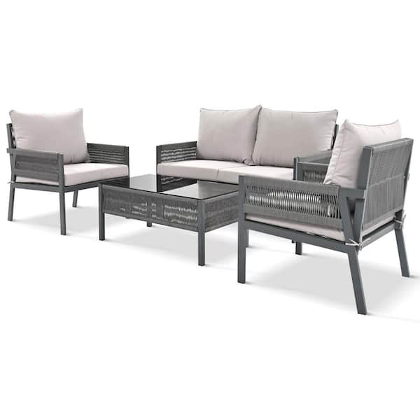 FORCLOVER 4-Piece Woven Rope Patio Conversation Set with Gray Thick Cushions, Tempered Glass Table