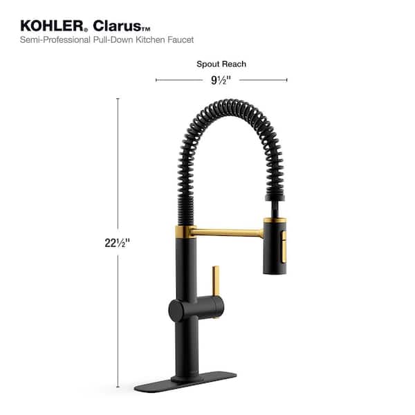 KOHLER Clarus Semi-Professional Single Handle Pull Down Sprayer Kitchen Faucet in Matte Black with Moderne Brass