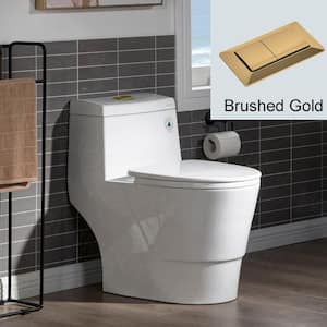 Everette 1-piece 1.1/1.6 GPF Dual Flush Elongated Toilet in White with Seat Included and Brushed Gold Flush Button