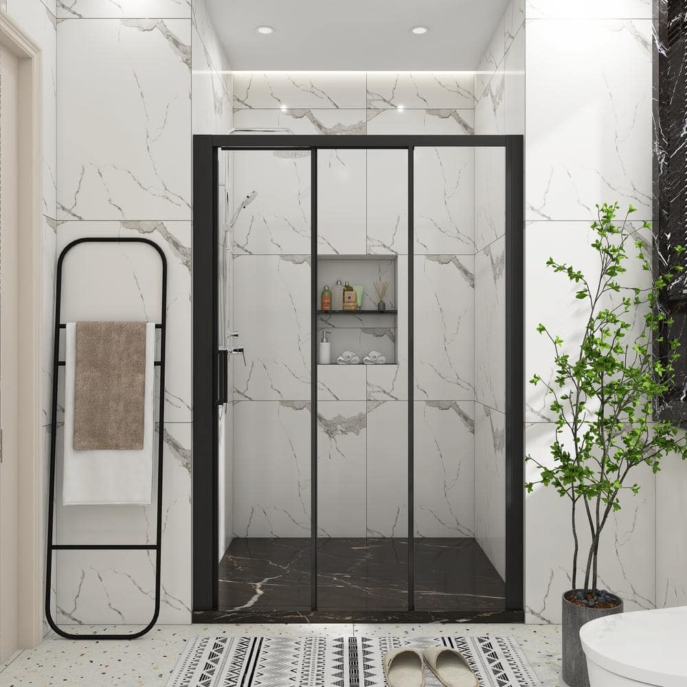 54 in. W x 70 in. H Sliding Semi-Frameless Shower Door in Matte Black Finis