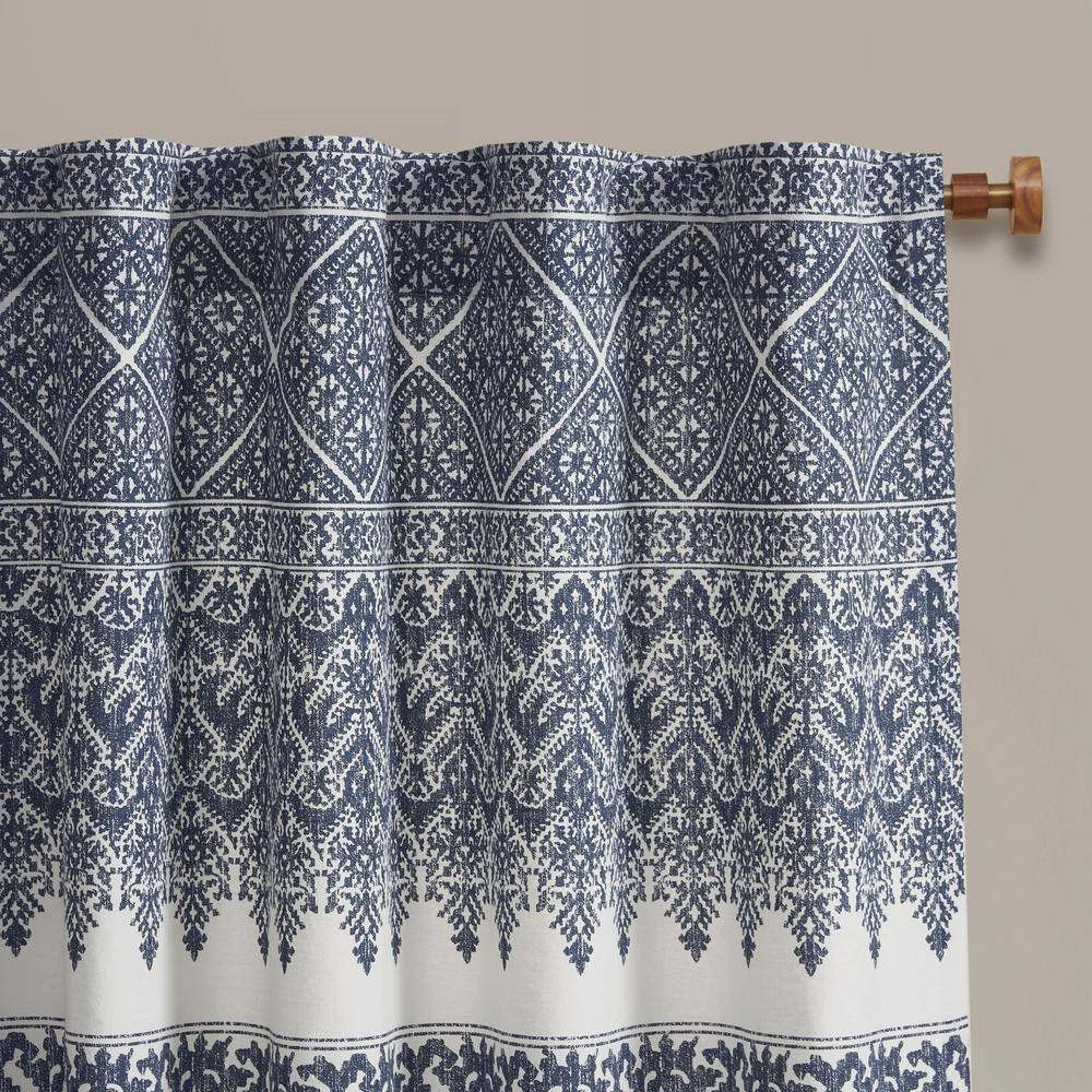 Navy and White Cotton Boho Chenille Curtain Panel