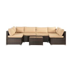 Brown 7-Piece Wicker Outdoor Patio Conversation Sectional Sofa Seating Set with Khaki Cushions and Pillow