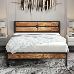 Full Size Bed Frame with Wooden Headboard, Heavy-Duty Platform Bed with Strong Metal Slat Support, 53.5 in. W, Brown