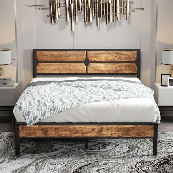 VECELO Full Size Bed Frame with Wooden Headboard, Heavy-Duty Platform Bed with Strong Metal Slat Support, 53.5 in. W, Brown