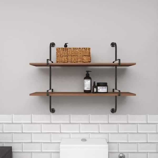 Litton Lane 37 in. x 29 in. Brown 2 Level Wood Wall Shelf
