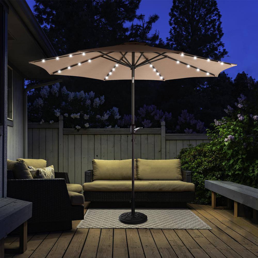 Beige 9-Foot Octagon Patio Umbrella with LED Lights and Steel Pole